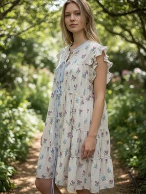 Free People Cream Mini Dress with Pink and Blue Floral Print